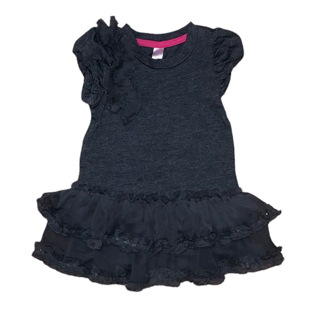 Dark gray gathered cap sleeve ruffle dress with drop waist, 12 months